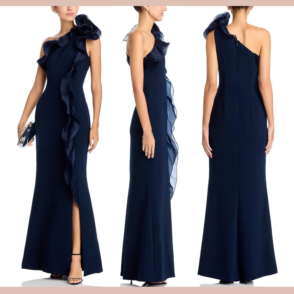 NWT $970 Teri Jon [ 8 ] Freeman One Shoulder Crepe‎ Column Gown Navy Blue J2084